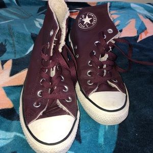Gently used faux fur leather Converse in maroon